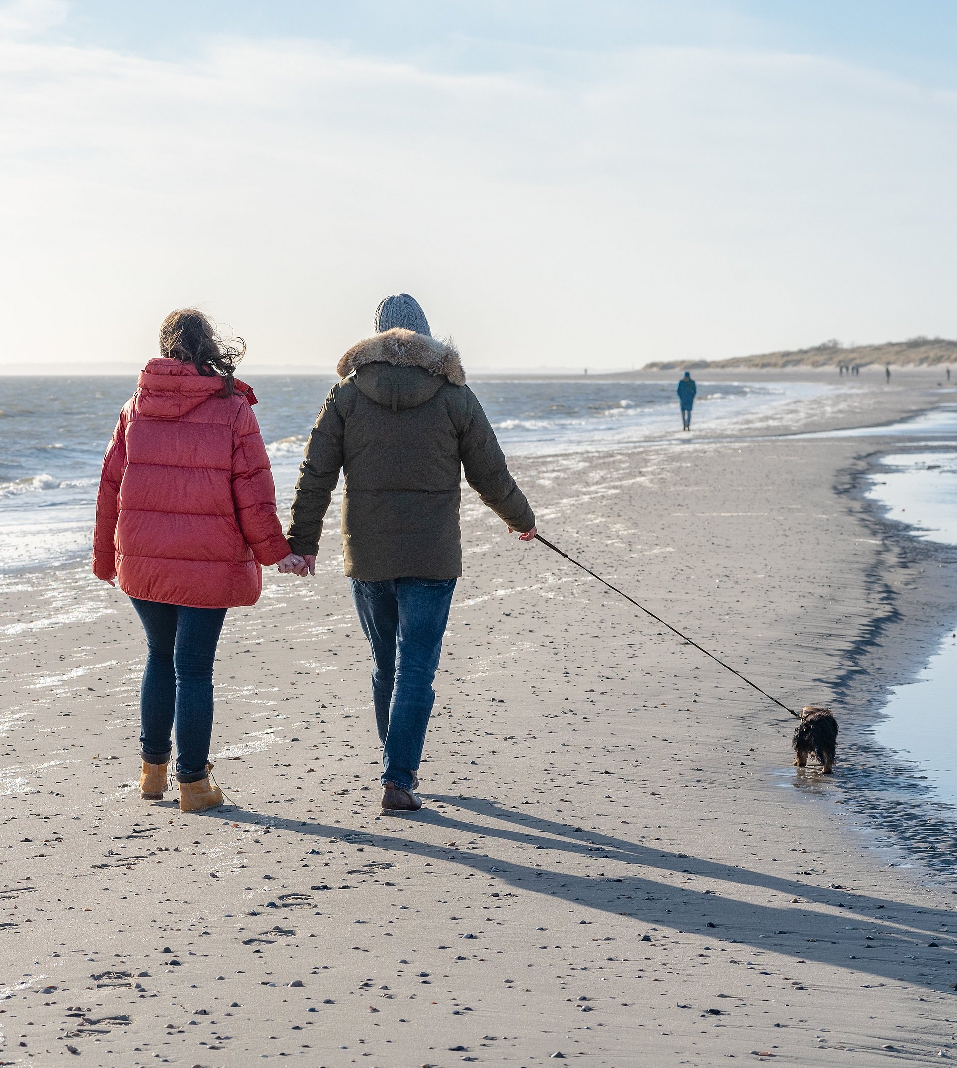 Spaziergänger am Strand mit Hund