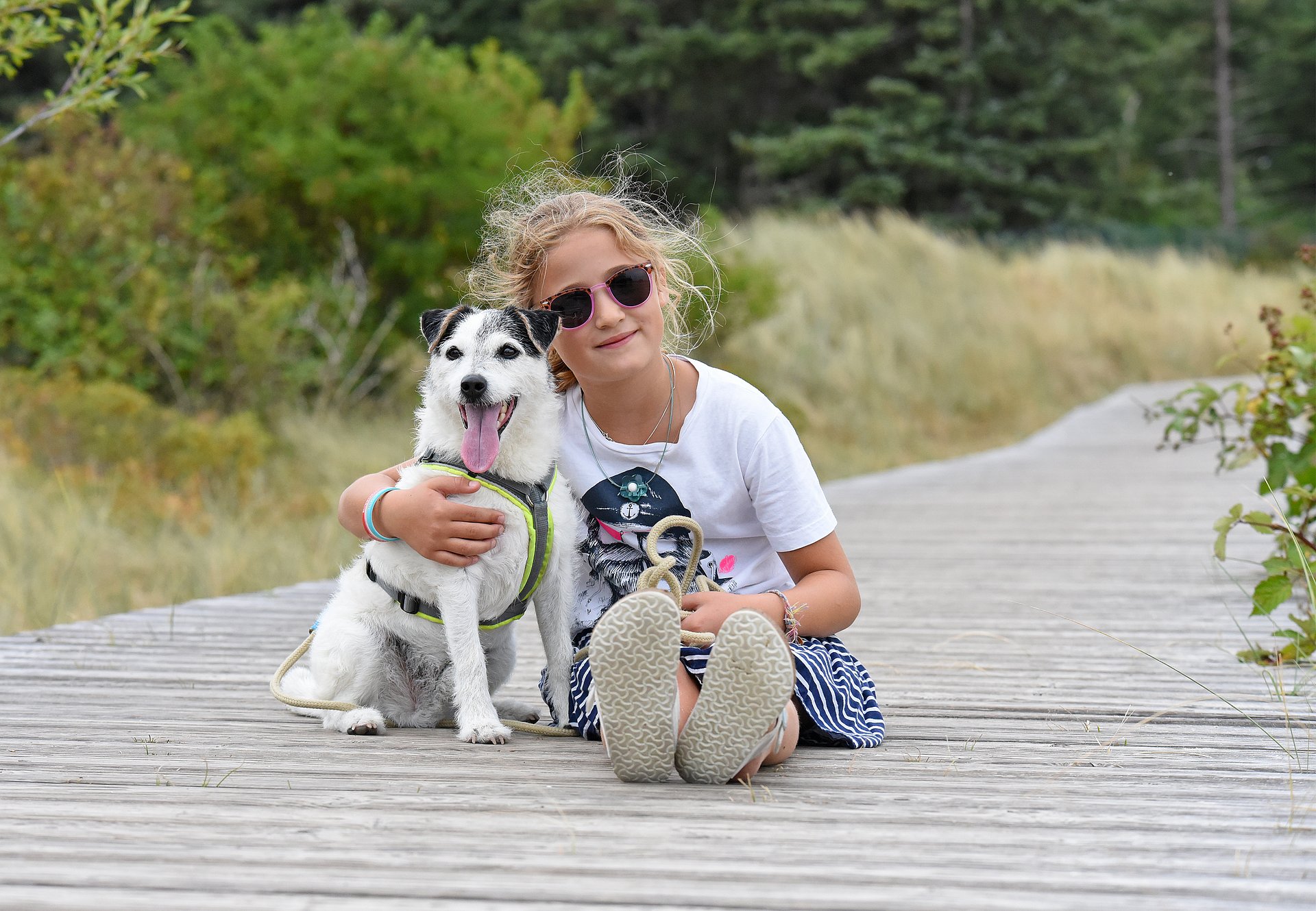 Mädchen mit Hund auf dem Bohlenweg in Nieblum 