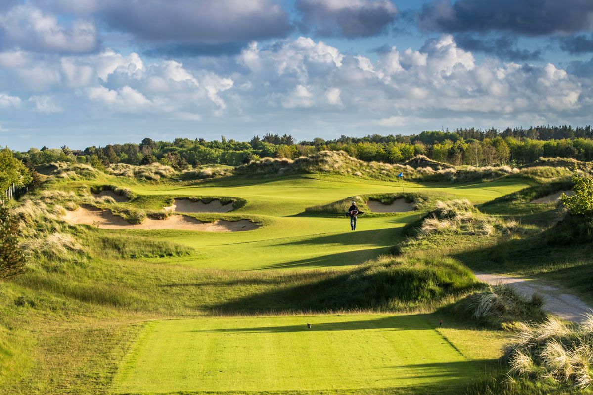 Ein Golfplatz mit Wald im Hintergrund. Ein Golfer ist auf dem Green unterwegs alles auf dem Gelände vom Glof Club Föhr e.V. auf Föhr