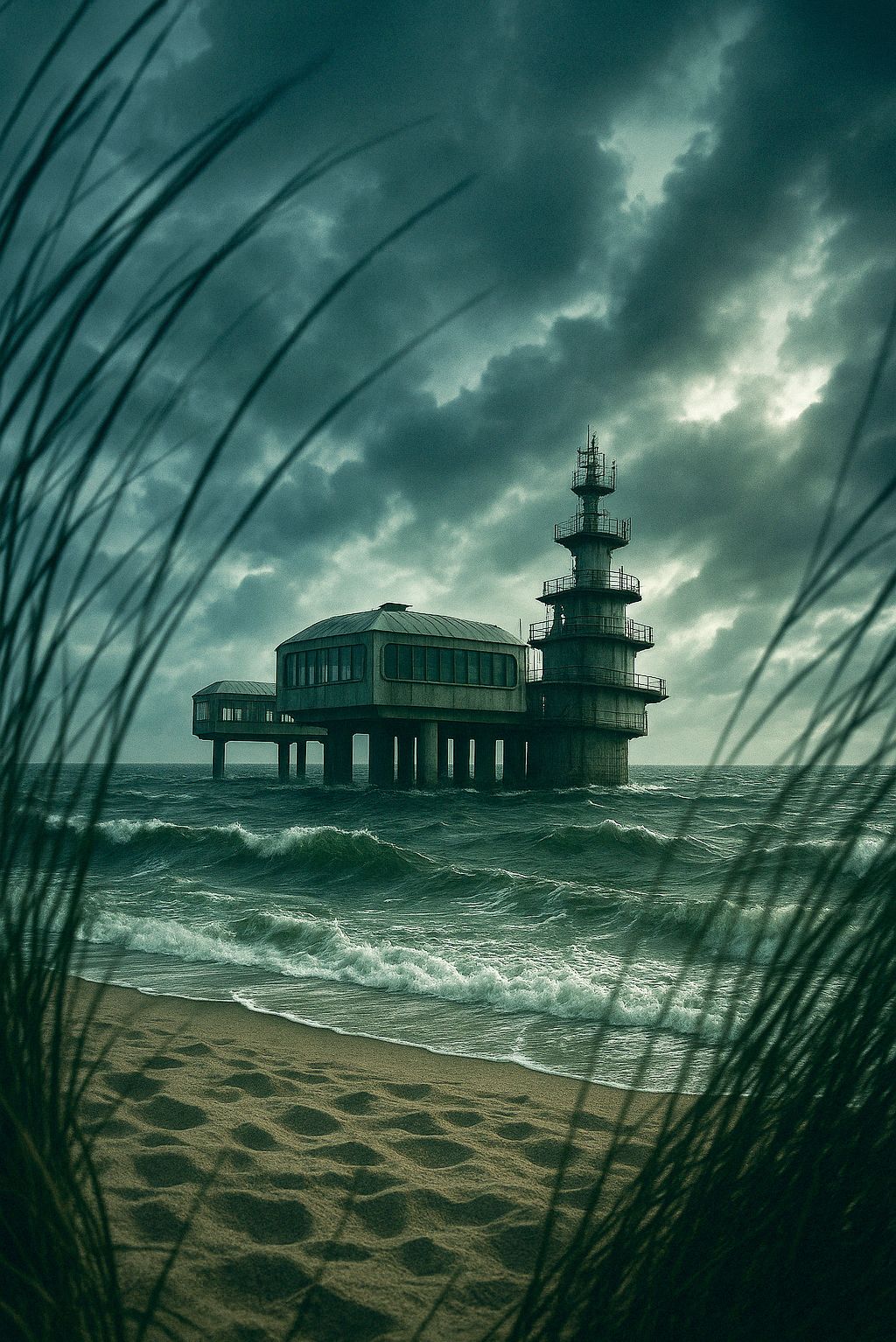 Der Blick durch Schilf auf den Strand und das Meer, wo eine Forschungsstation steht.