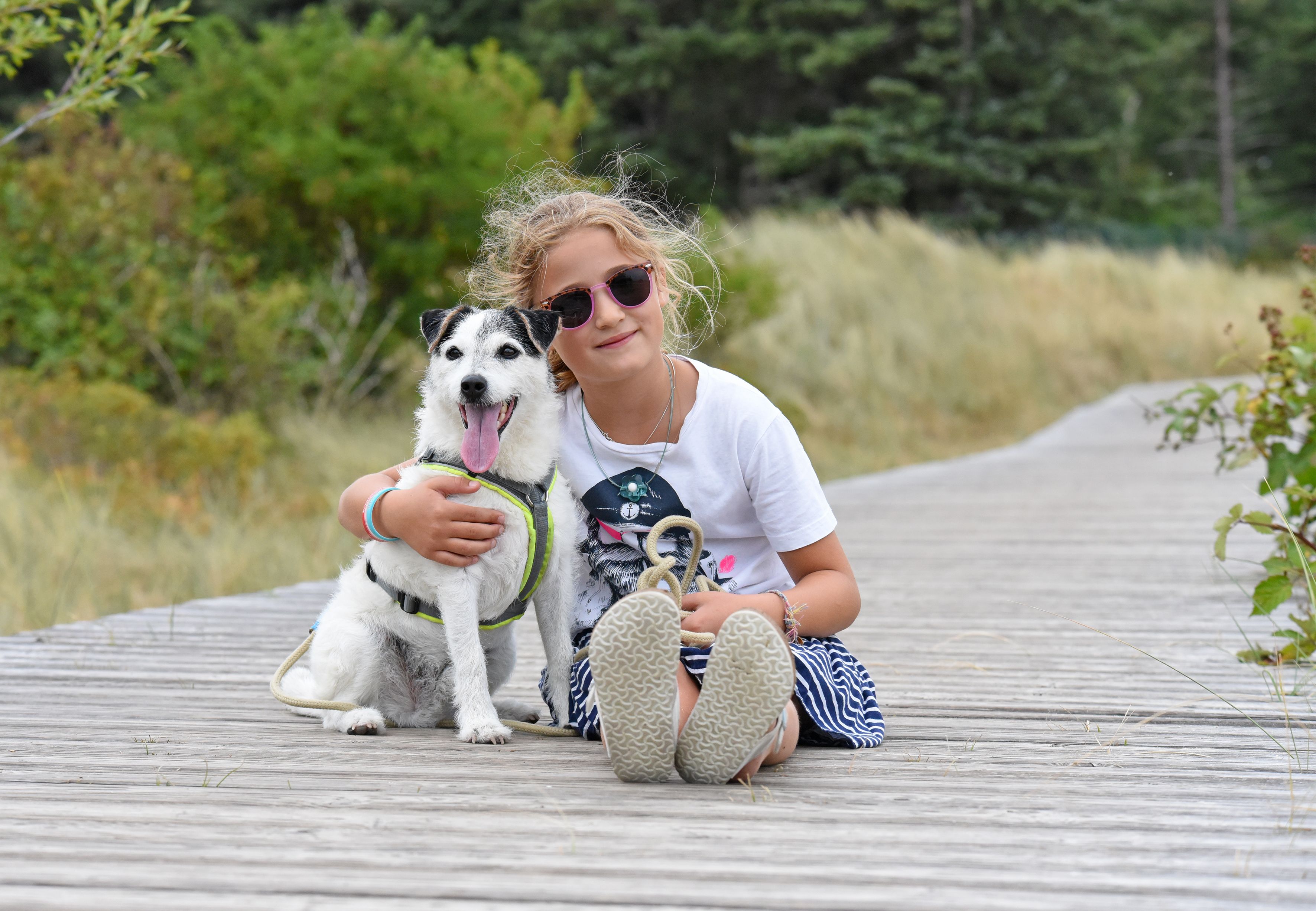 Mädchen mit Hund auf dem Bohlenweg in Nieblum 