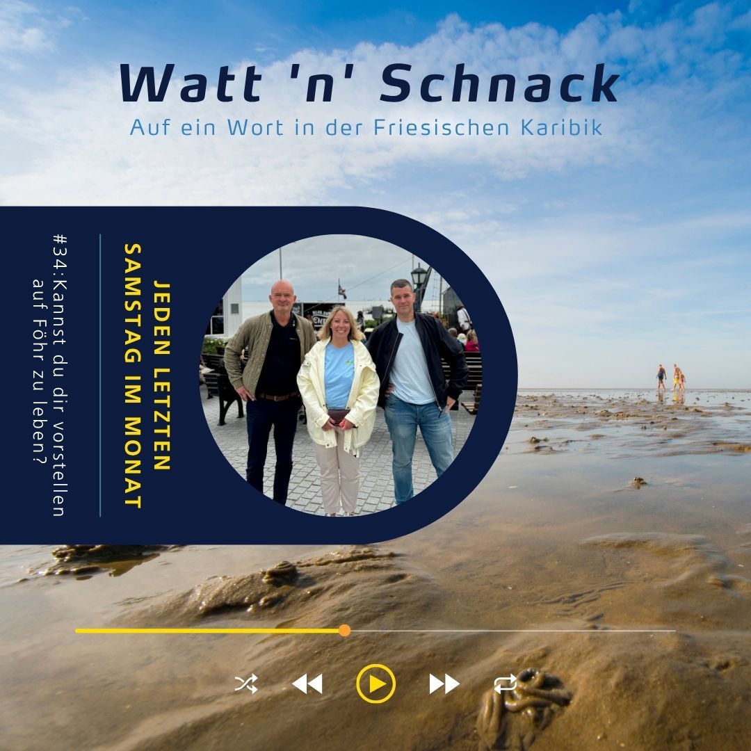Podcast-Cover ‚Watt'n Schnack‘ mit drei Personen in der Mitte und Wattfläche im Hintergrund